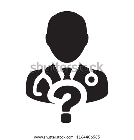 Healthcare icon vector doctor male person profile avatar with question symbol for medical consultation in glyph pictogram illustration