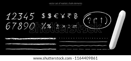 Vector set of chalk elements. Hand drawn digits, arrows, percent and currency signs. Straight, wavy and dashed underline strokes. Realistic piece of chalk. Detailed rough textures. Black background. Royalty-Free Stock Photo #1164409861