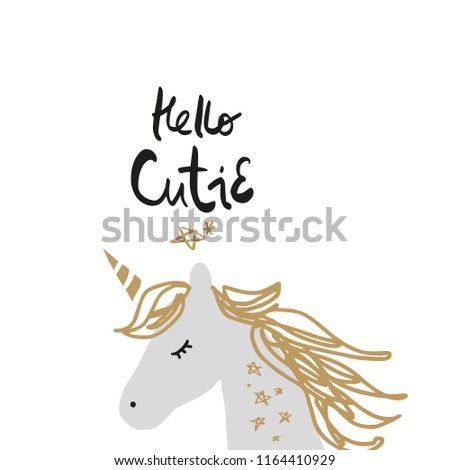 Vector cartoon cute hand drawn unicorn applique. Pastel nursery illustration with text. It may be used for sticker, poster, postcard, badge, layout, greeting card, patch, wall art, phone case, t-shirt