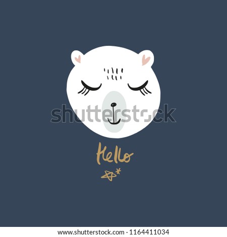 Vector cartoon cute hand drawn polar bear isolated face. Pastel nursery art. It may be used for sticker, poster, postcard, badge, layout, greeting card, patch, wall art, phone case, t-shirt