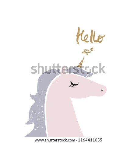 Vector cartoon cute hand drawn unicorn applique. Pastel nursery illustration with text. It may be used for sticker, poster, postcard, badge, layout, greeting card, patch, wall art, phone case, t-shirt