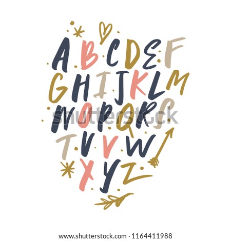 Vector hand drawn color font, letters set. ABC, alphabet. Clipart, isolated vector letters and decor elements