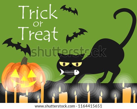 Halloween background with witch Halloween pumpkin, black cat, bat and Trick or treat text.