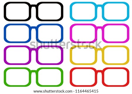 Glasses of different colors on white background.