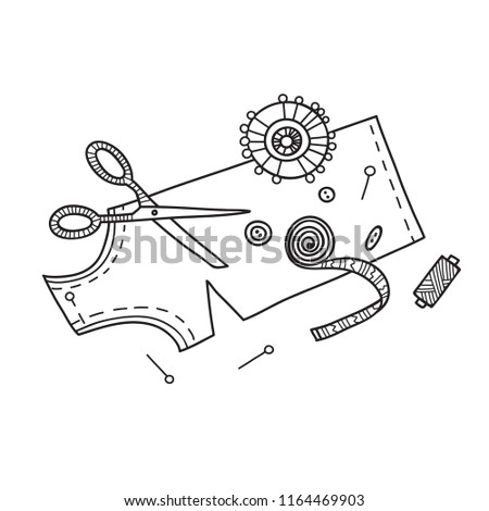 Vector illustration of needlework, sewing  tools. Can be used as a sticker, icon, logo, design template, coloring page.