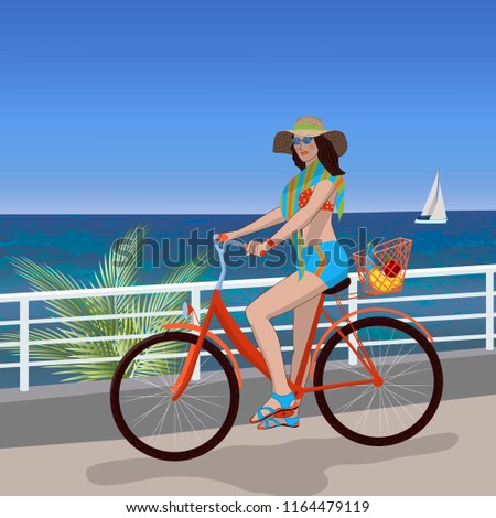 Vector illustration of a happy girl riding a bicycle. Summer, beach, sea, palm trees, rest, vacation, relax. Hat, glasses, swimsuit. The girl smiles. Flat style. Magazine illustration. Isolated object