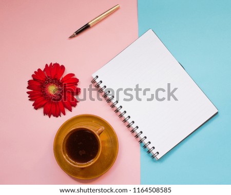 minimalist Flat lay, pastel colors, gerbera, Cup, notebook, pen, copy space