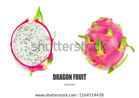 Creative layout made of pitahaya (dragonfruit). Flat lay. Food concept. Pitahaya (dragonfruit) on white background.