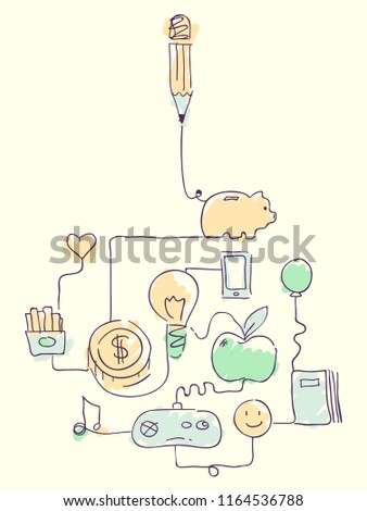 Illustration of Money Management Doodles from Education, Food to Entertainment to Technology
