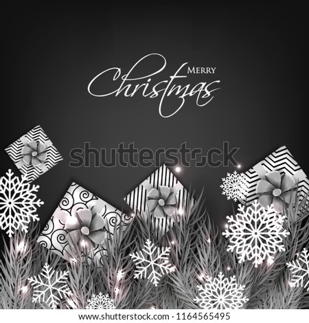 Christmas party invitation template greeting card with gift boxes, pine and fir branches wreath in the snowflake, lights garland monochrome background chalkboard
