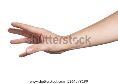 Outstretched hand, going to catch, grab or take something or somebody, isolated on white background