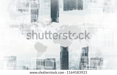 Abstract image of two modern urban worlds located upside down to each other on sky background and media interface. Double exposure. Wallpaper, backdrop with copyspace.