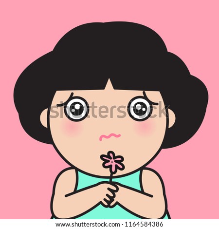 Please, Forgive Me. Young Cute Asian Girl With Flower In Hand Looking In Camera With Guilty Expression, Trying To Ask For Forgiveness From Someone Concept Card Character illustration