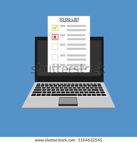 Computer and do to list vector illustration, flat cartoon pc monitor with long paper document and to do list with checkboxes, concept of survey, online quiz, completed things or done test, feedback