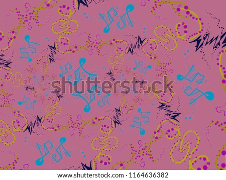 A hand drawing pattern made of yellow blue and fuchsia on a pink background.