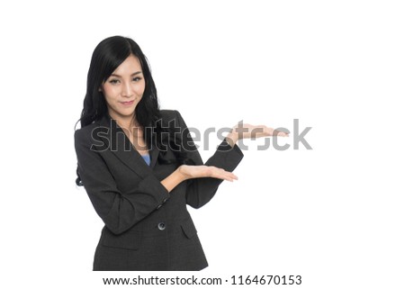 Business woman with hand presentation isolated on white background