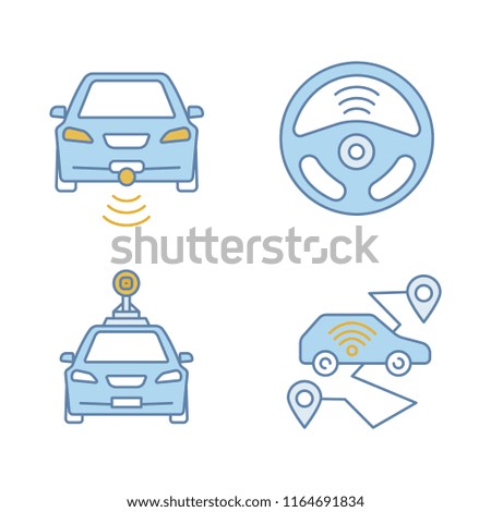 Smart cars сolor icons set. NFC autos. Intelligent vehicles.  Self driving automobiles. Autonomous cars. Driverless vehicles. Isolated vector illustrations