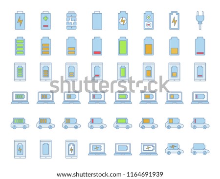 Battery charging color icons set. Smartphone, laptop and electric car charge. Electric energy accumulation for different devices. Battery level indicator. Isolated vector illustrations