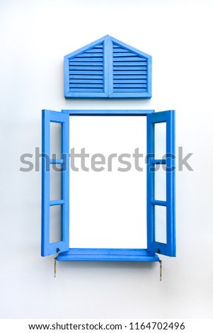 open traditional blue greek window frame isolated on white cement background with empty void, copy space