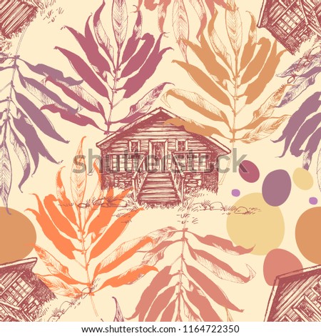 Wooden cabin in the autumn forest seamless pattern