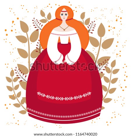 Slavic girl in national clothes. A background of twigs. Picture cartoon