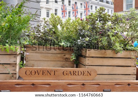 Plant filled display outside  London's famous old fruit and vegetable  Market, Covent Garden.
