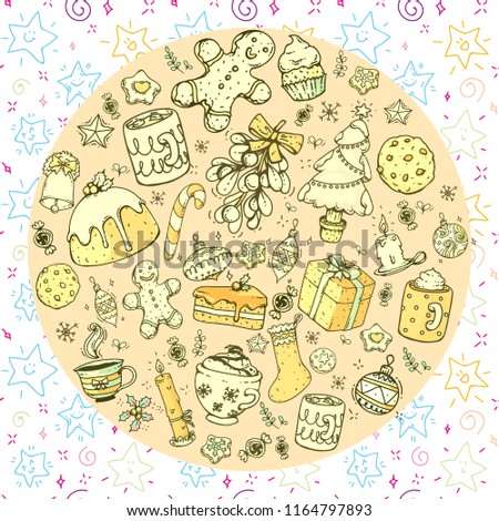 Vector hand drawn doodle christmas celebration collection set, with food, sweets, candles, drinks and christmas tree, with line art and colored in a circle shape