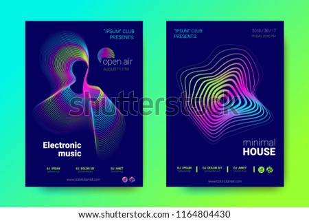 Modern Music Abstract Backgrounds. Bright Sound Flyer with Distorted Stripes. Posters with Abstract Colorful Lines and Gradient. Wave Covers for Electronic Music Event. Abstract Vector Illustration.