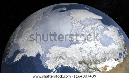 Satellite image of the sea ice maximum extent in the north hemisphere. Elements of this images furnished by NASA/Goddard Space Flight Center Scientific Visualization Studio