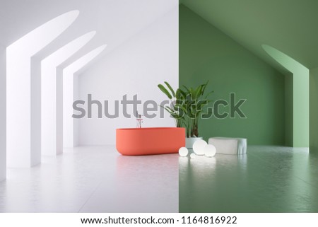 exhibition bathroom in white and green colors, stand, frame or banner