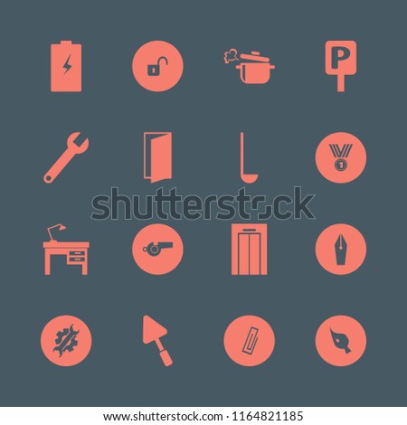 metal vector icons set. with open lock, brush, whistle and ladle spoon in set