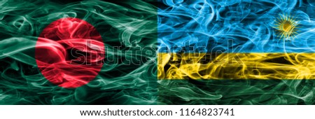 Bangladesh vs Rwanda smoke flags placed side by side. Thick colored silky smoke flags of Bangladesh and Rwanda