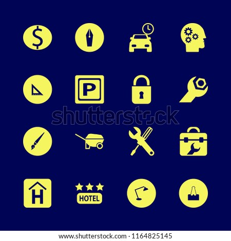 metal vector icons set. with lock, wrench gear, parking sign and toolbox in set