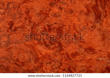 Beautifully patterned wood burl veneer with a brown and red swirling look. 