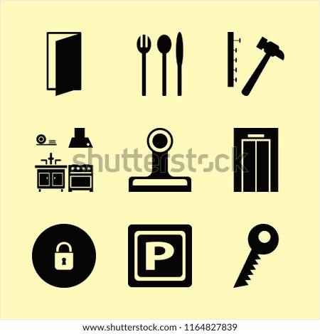 steel vector icons set. with key, elevator, lock and kitchen in set