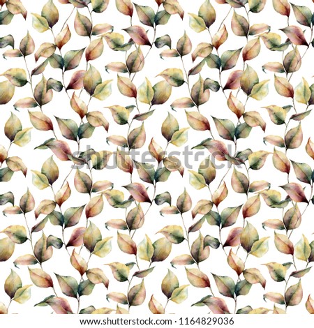 Watercolor autumn seamless big pattern. Hand painted leaves and branch isolated on white background. Botanical illustration for design, background and fabric. Fall print