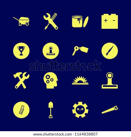 metal vector icons set. with saw, paper clip, trophy cup and paint can in set
