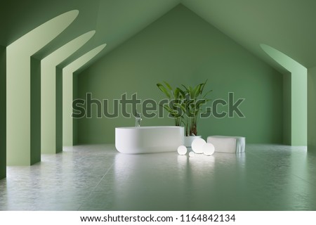 exhibition bathroom in green colors, stand, frame or banner