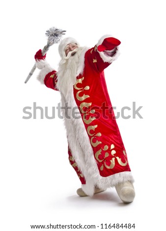 Funny and cheerful Santa Claus greetings on a white background