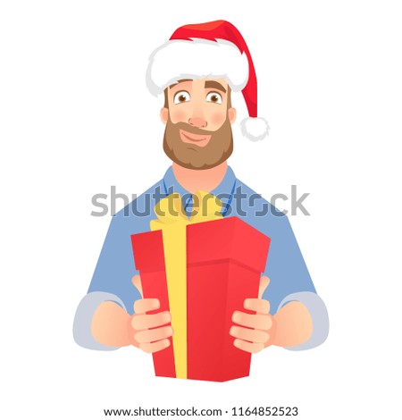Businessman in Santa Claus hat. Gift vector illustration. Man holding red present box