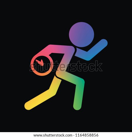 Running man with clock. Simple icon. To be late. An unpleasant situation. Rainbow color and dark background