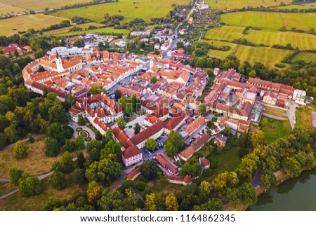 Aerial view of Trebon from pond Svet. Trebon is historical town in South Bohemia, Czech republic, European union. Trebon city is famous tourist destination with many landmarks and lakes around.