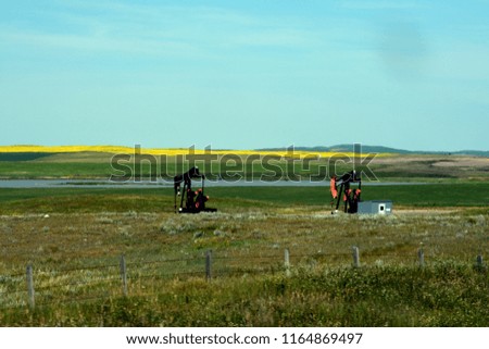 These two pumpjacks standing alone out in the Alberta countryside with the yellow canola field giving a framing to the sky 16 Jul 2018