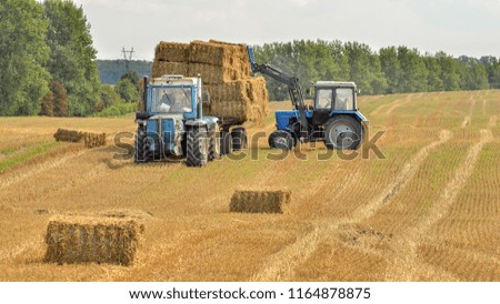 Tractors collecting and loading straw bales after harvesting. Hay management concept.