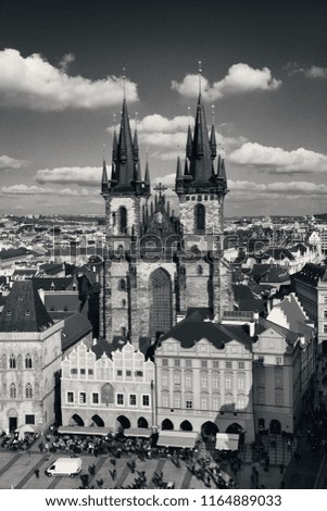 Church of Our Lady before Týn and Prague skyline rooftop view in in Czech Republic
