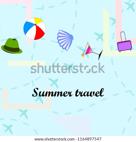 summer travel suitcase cocktail ball hat shell vector background