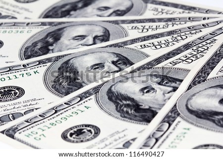 Background with American hundred dollar bills. Close up
