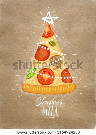 Poster christmas tree pizza with star on top with lettering drawing on craft background.