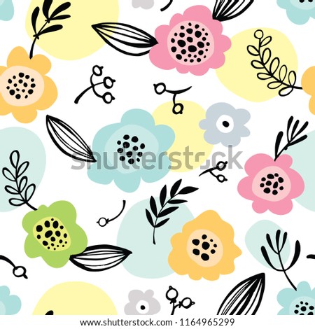 Simple Seamless pattern with large flowers and leaves in pastel colors.
