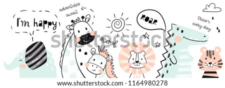 Lion, giraffe, elephant, crocodile, zebra, tiger baby cute print. Happy text slogan. African animal illustration for poster, nursery t-shirt, kids apparel, invitation simple scandinavian child design